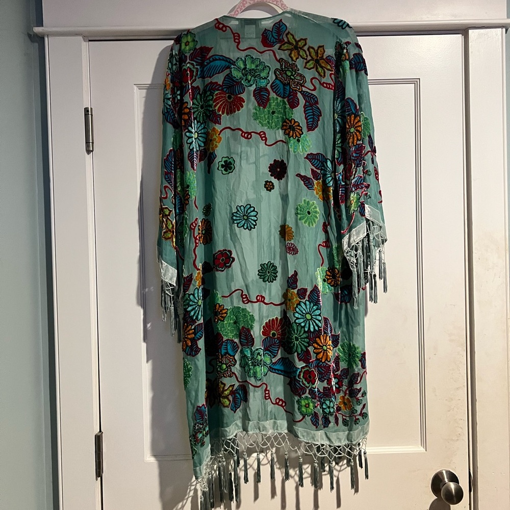Free People Sweet Leaf Burnout Floral Embroidered Kimono with Fringe. OS NWT - Picture 9 of 9
